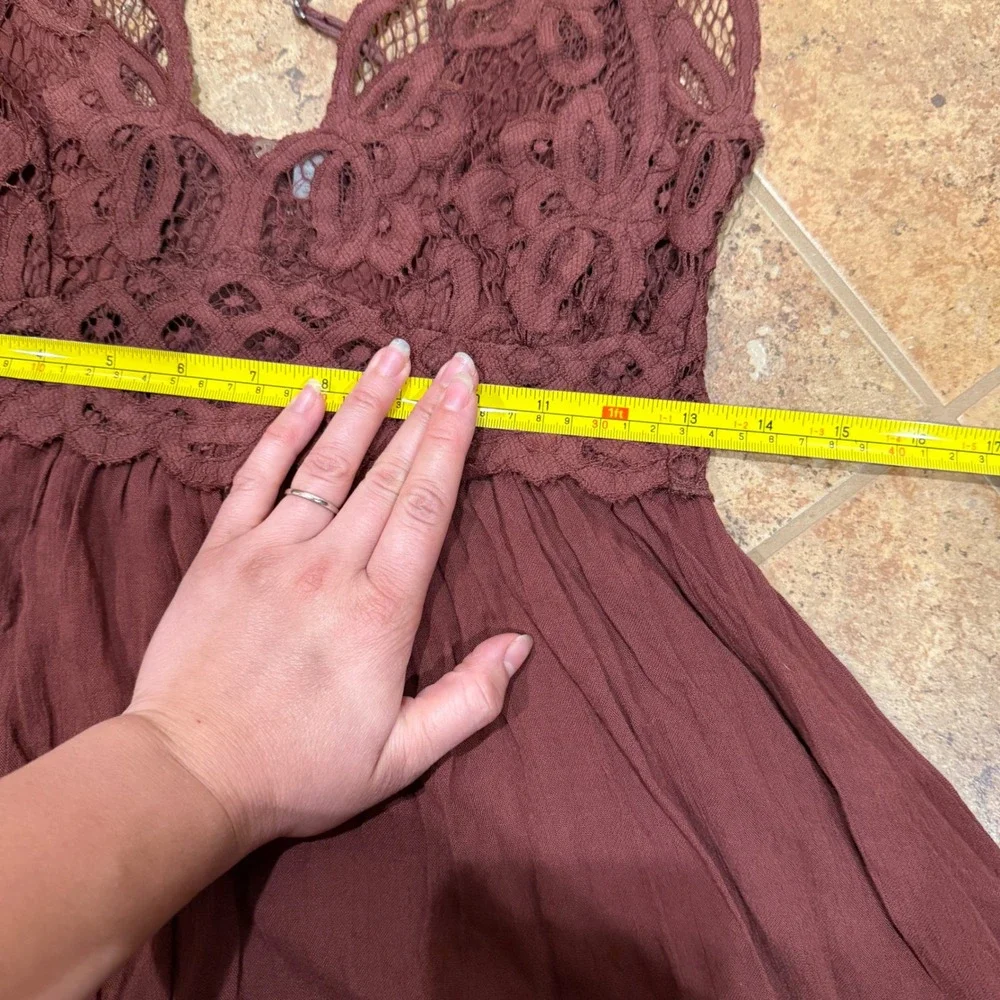 Free People FP One Adella Slip Dress Brown Lace Boho Ruffle Mini Dress Medium M